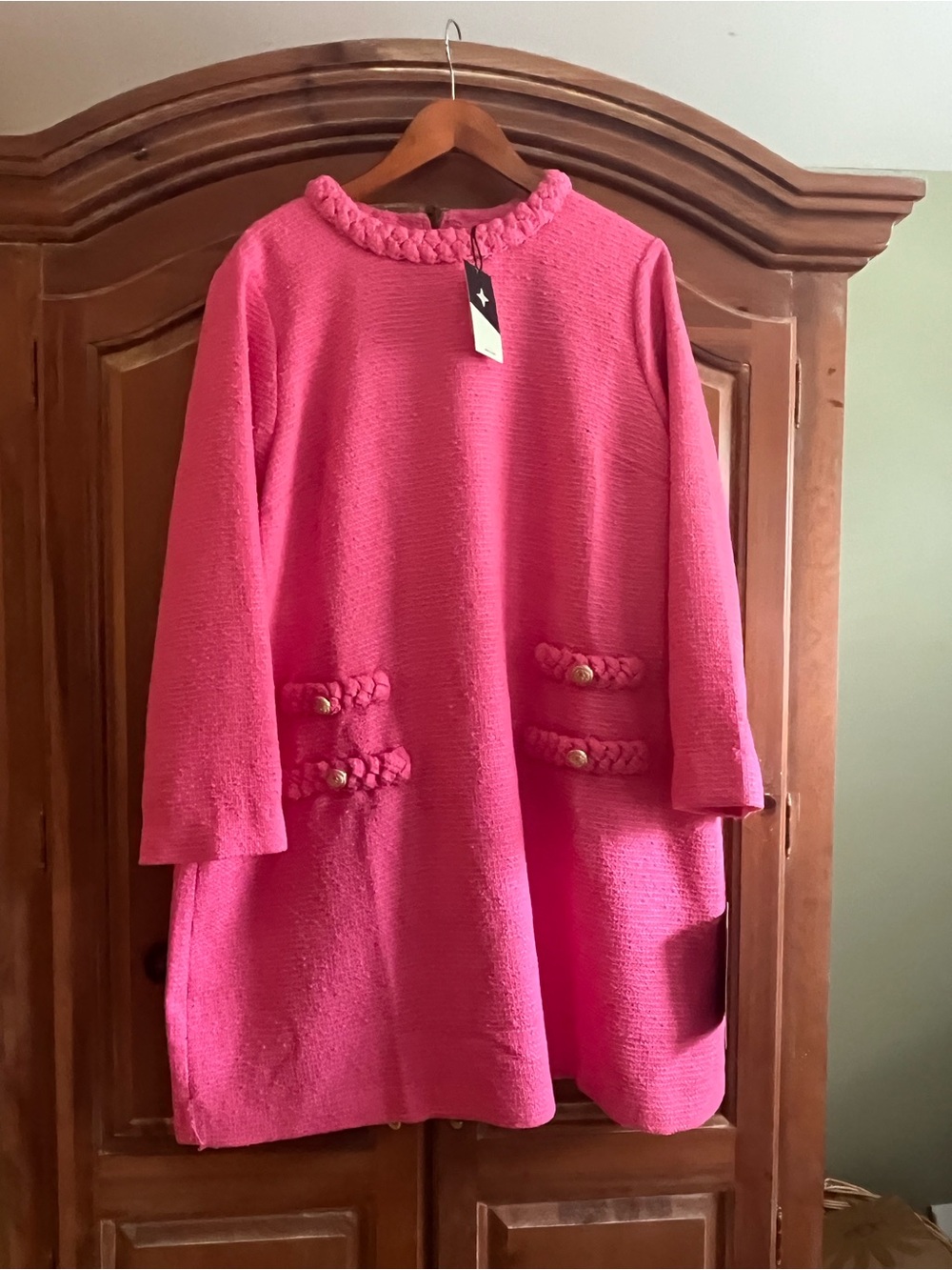 Tuckernuck Hot Pink Textured Long-Sleeve A-Line Dress with Braided Neckline